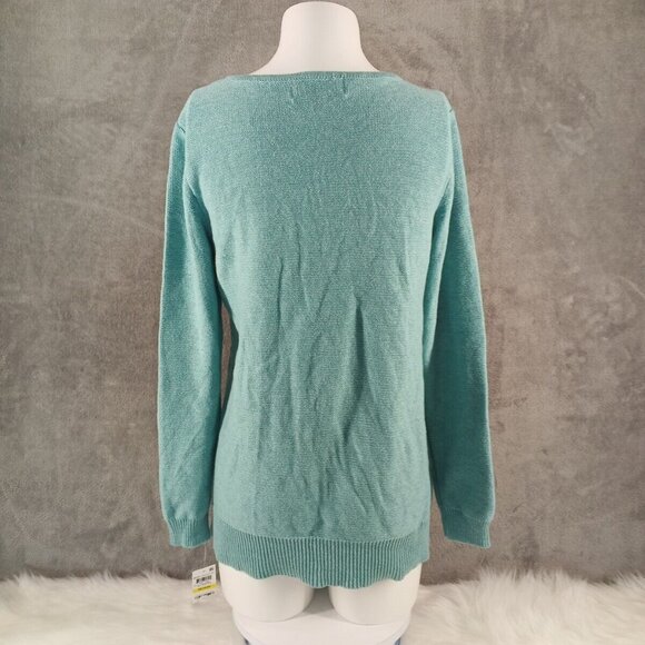 NWT KAREN SCOTT Textured Patchwork Sweater MEDIUM(8-10) Teal Aqua Cotton V-neck - Picture 9 of 12